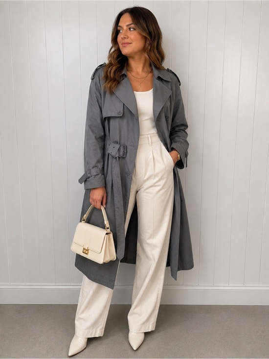 Moores Clothing Jackets & Blazers - Vintage Moores Grey Trench Coat Belted XL Classic Minimalist Timeless Outerwear